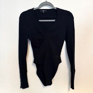 7 for All Mankind Black Ribbed V-Neck Ruched Long Sleeve Bodysuit Size XS